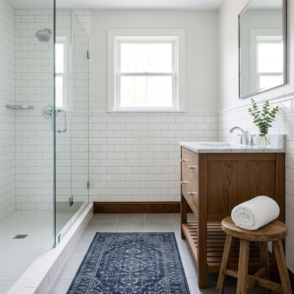 Same bathroom after cleaning — spotless tile, descaled shower glass and sanitized fixtures