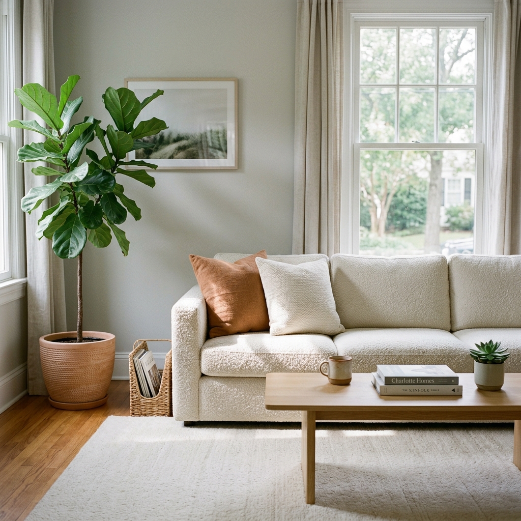 Bright Charlotte living room with fresh-vacuumed rug and tidy shelving