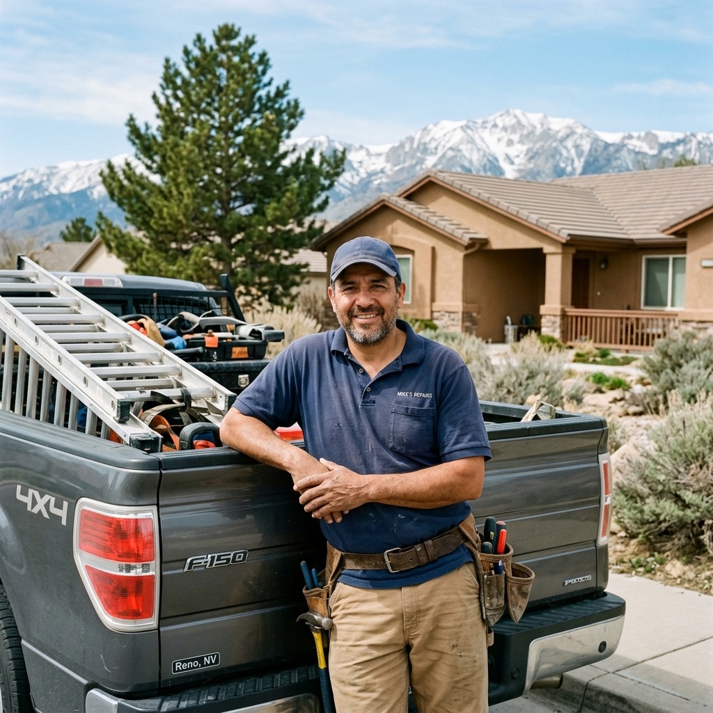 Mike Alvarez, owner of Mike's Handyman Services, next to his work truck in Reno, Nevada