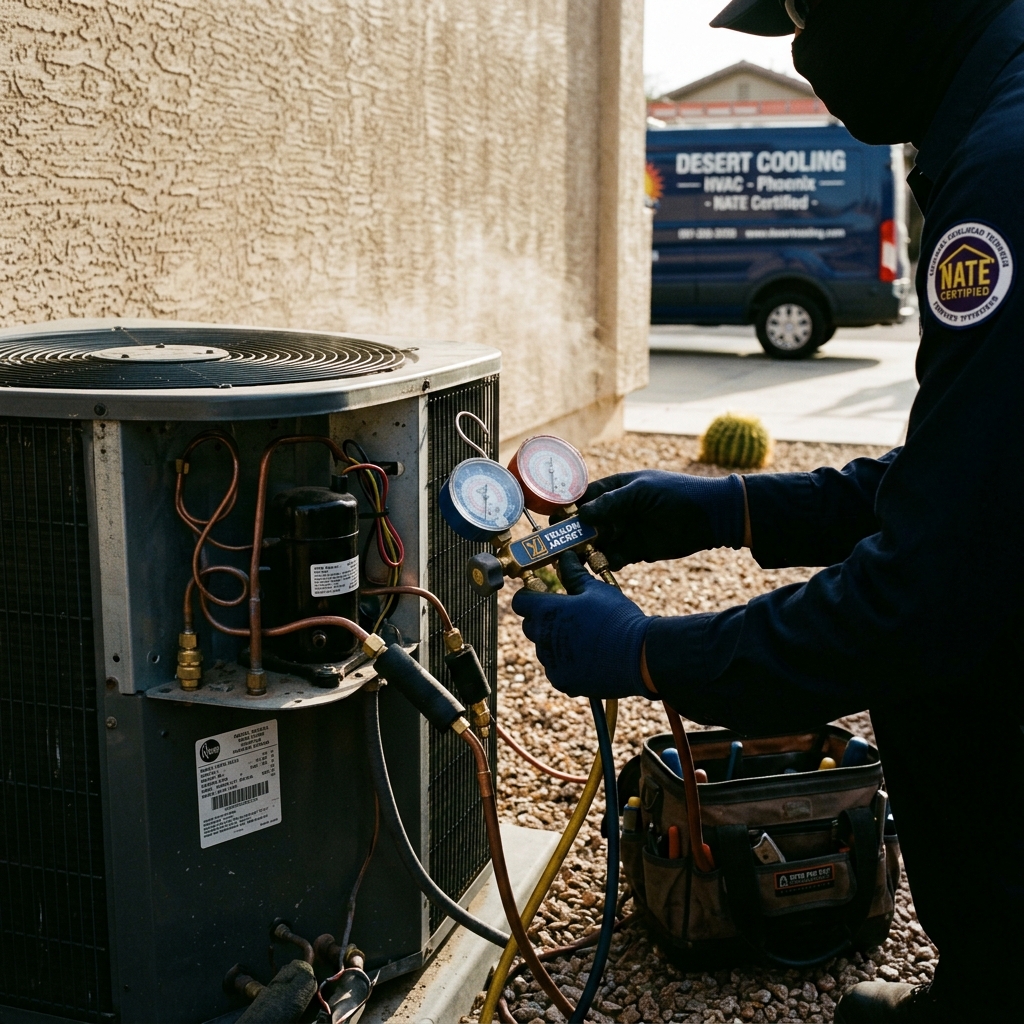 NATE-certified Copper State Comfort technician servicing an outdoor AC condenser in Phoenix backyard